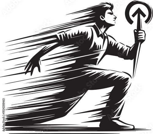 Dynamic progress depiction: a man propelled forward holding a di