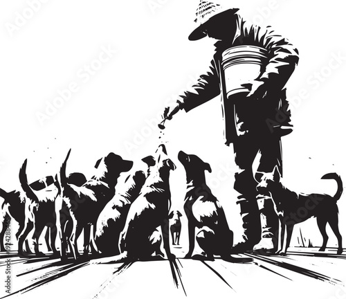 Sumi-e illustration of a man feeding a pack of dogs with scraps