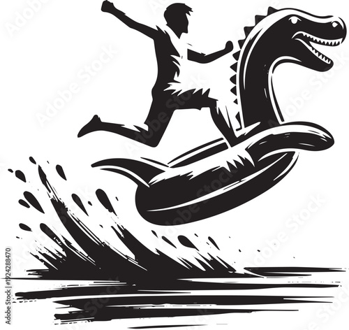 Monochrome summer fun: A man jumping on an inflatable dinosaur t