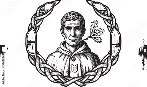 Monochrome Engraved Illustration of Historical Figure with Decor