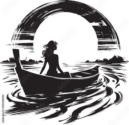 Serene sunset escape: A woman on a boat in a black and white lan
