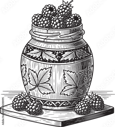 Engraved illustration of a jar overflowing with ripe blackberrie