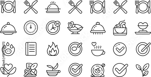 Food and dining icons, cooking vector illustration, nutrition clipart design, restaurant menu symbols, meal preparation artwork, healthy eating line art