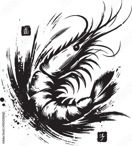 Elegant Tempura Shrimp Illustration in Sumi-e Style with Splash