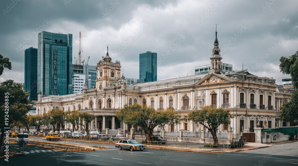 Obraz premium Historical building architecture with modern city skyline and stormy sky in Mexico City creating a stunning juxtaposition of old and new structures