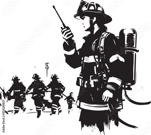 Monochrome sumi-e illustration of firefighters coordinating an e