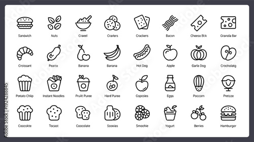 Food, nutrition, snack, meal line icons set, sandwich, fruit, cereal, crackers, bacon, cheese, granola bar, cupcake, hamburger illustration