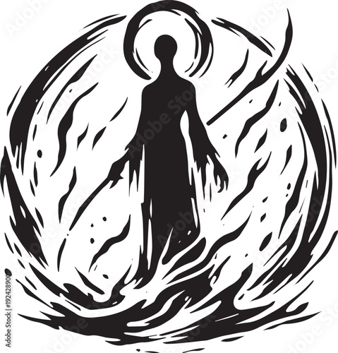 Monochromatic spirit guardian icon in stylized circle, ethereal