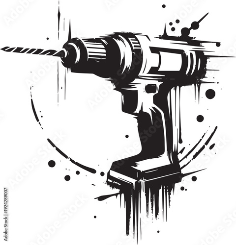 Ink-Splatter Drill Vector, Abstract Home Improvement Tool Illust