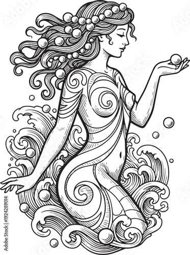 Engraving illustration of a mermaid holding a pearl with wavy pa