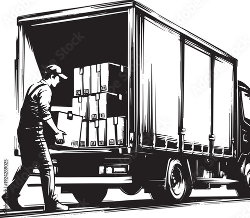 Monochrome vector illustration of a delivery man loading package