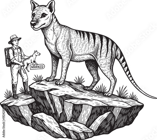 Engraved Illustration of Tasmanian Tiger with Researcher and Mar