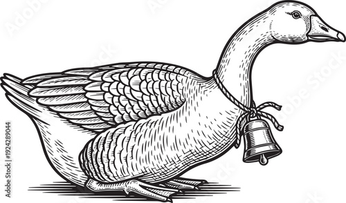 Engraved Goose with Bell Illustration - Vintage Bird Motif in De