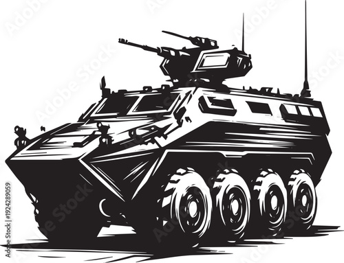Ink wash drawing, military armored vehicle silhouette, defense c