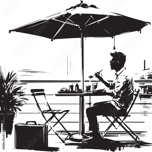 Monochrome depiction of contemplative individual enjoying meal a