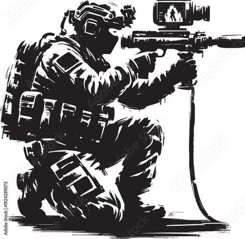 Monochromatic depiction of a soldier using thermal imaging equip