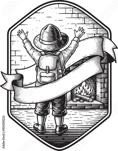 Engraved illustration of a child with a backpack looking at a fi