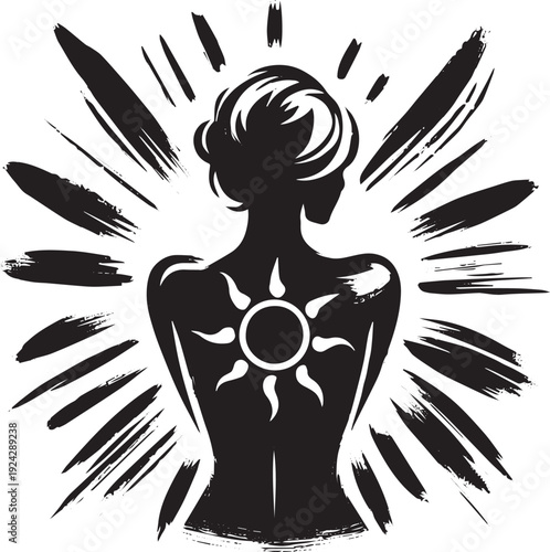 Woman back view with sun symbol vector, skin care concept, minim