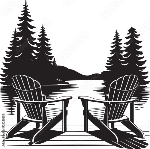 Two Adirondack chairs facing a tranquil lake and pine forest, suggesting relaxation and nature retreat.