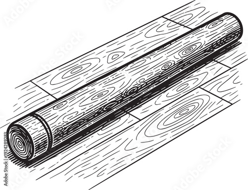 Monochrome woodcut illustration of a wooden dowel on a hardwood