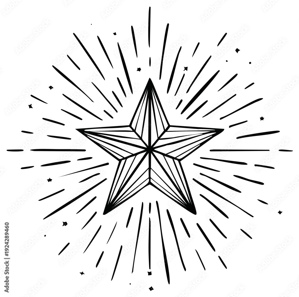 Obraz premium Hand Drawn Starburst with Radiating Lines and Small Stars Symbolizing Energy and Brightness