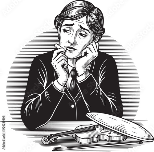 Engraved illustration of a pensive musician with a violin and ci
