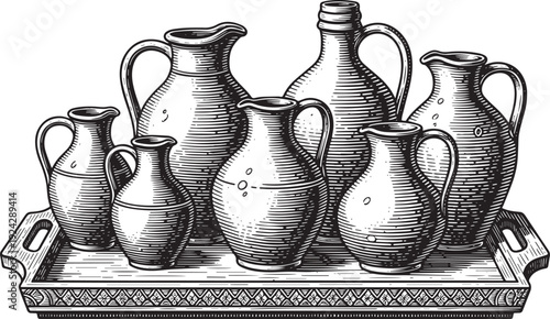 Hand-drawn Still Life of Assorted Jugs and Pitchers on an Ornate