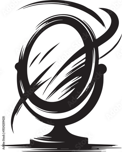 Ink Wash Mirror Illustration, Reflective Glass in Sumi-e Art Sty