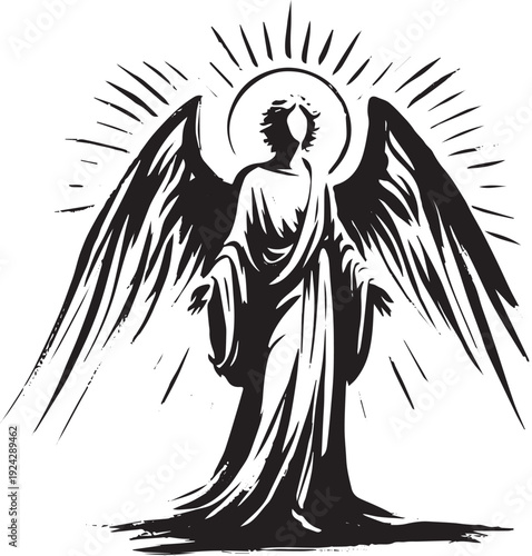 Illustrative portrayal of a winged figure with radiating light h
