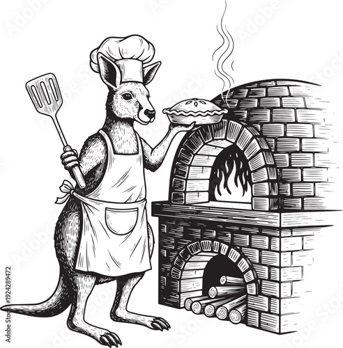 Woodcut of a Kangaroo Chef Baking a Pie in a Brick Oven Illustra