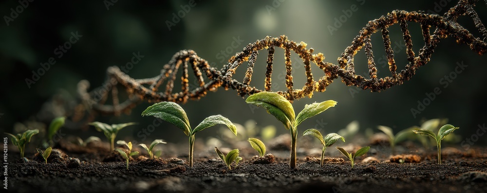 Fototapeta premium DNA double helix surrounded by young green plants growing from soil in a science and nature scene