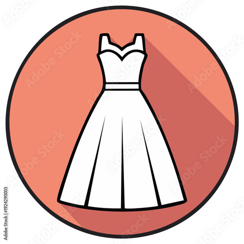 Elegant formal dress with circle backdrop, line art icon, long shadow