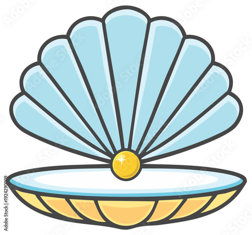 Cartoon Open Seashell with Golden Pearl Illustration