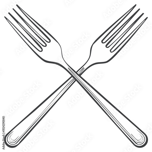 Crossed metal forks, dinner utensils, isolated on white, food serving symbol, kitchenware for eating