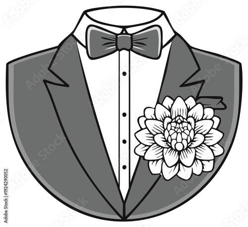 Elegant Tuxedo Illustration with Bow Tie and Flower Corsage, Formal Wear Icon, Wedding Attire, Party Invitation