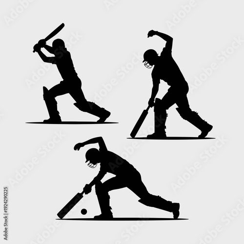 Illustrations of a cricketer demonstrating batting and fielding techniques in action. isolated on white background, Vector, illustration