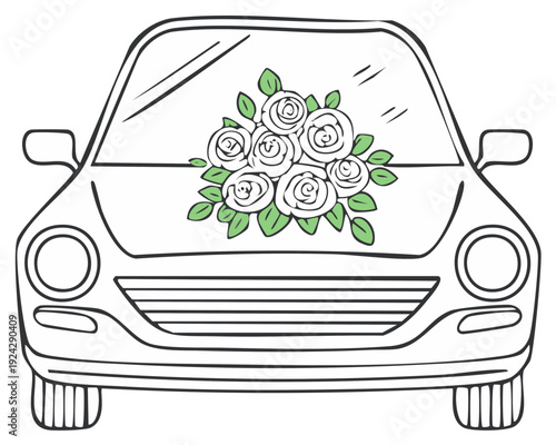 Front view of a car decorated with a bouquet of roses for a special occasion vector illustration