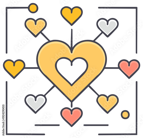 Connection of interconnected hearts in a network diagram representing relationships or network concept