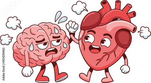 Cute heart motivating tired brain cartoon characters showing mind and body connection mental health concept illustration vector design
