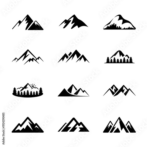 Collection of stylized mountain icons in various orientations and designs isolated on white background, Vector, illustration