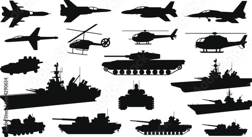 Military vehicles silhouettes collection featuring fighter jets helicopters tanks warships armored vehicles modern army navy air force icons vector