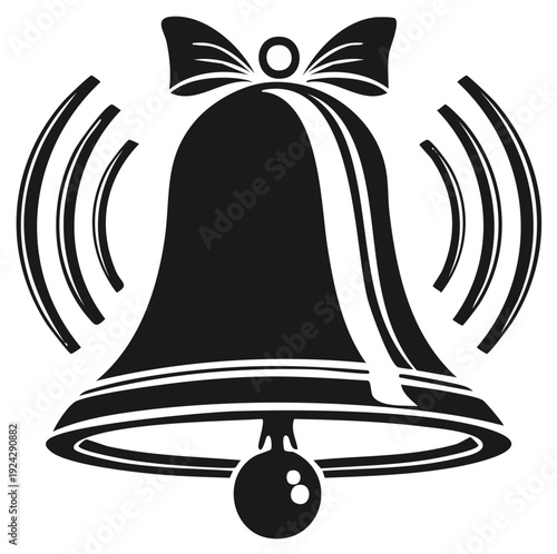 Black and white illustration of a ringing bell with a bow for seasonal themes or school related projects