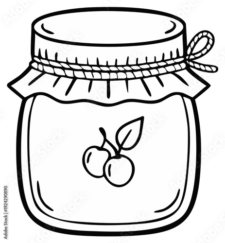 Jar of homemade cherry preserves illustration, hand drawn in black outline