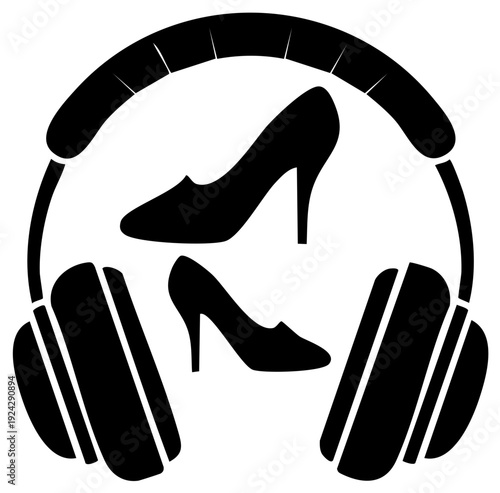 Graphic Icon of Headphones with Pair of Heels Shoes Black and White
