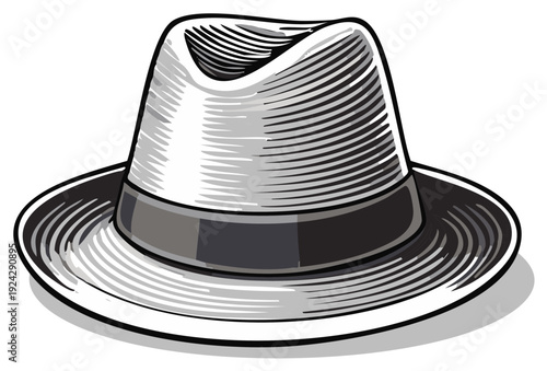 Classic fedora hat with textured shading and dark band, retro headwear style illustration