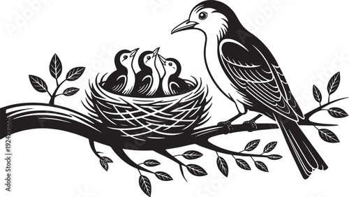 A mother bird feeding her chicks in a nest on a tree branch, symbolizing family and care.