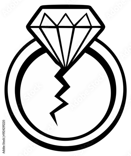 Symbolic cracked engagement ring with sparkling diamond icon representing heartbreak or divorce