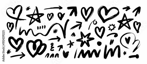 Whimsical assortment of hand-drawn hearts and playful doodles in black ink isolated on white background, Vector, illustration