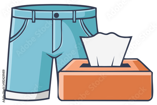 Cartoon vector illustration of light blue denim shorts next to a box of white facial tissues for daily use