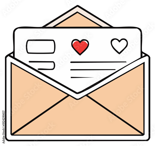 Hand drawn illustration of a love letter with hearts in an open envelope